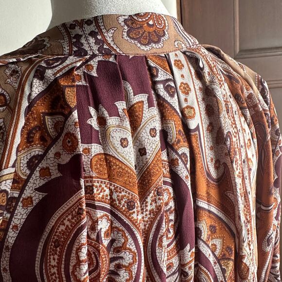 PLENTY by Tracy Reese | Boho Silk Brown Paisley Midi Dress | Size Extra Small - Picture 7 of 10